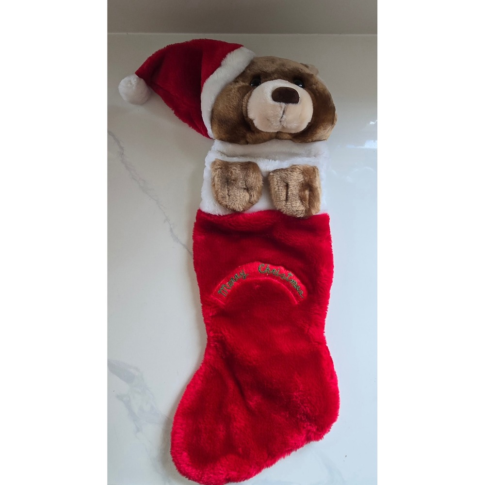 Vintage Merry Christmas Teddy Bear Plush Stocking Faux Fur Santa Hat Holiday